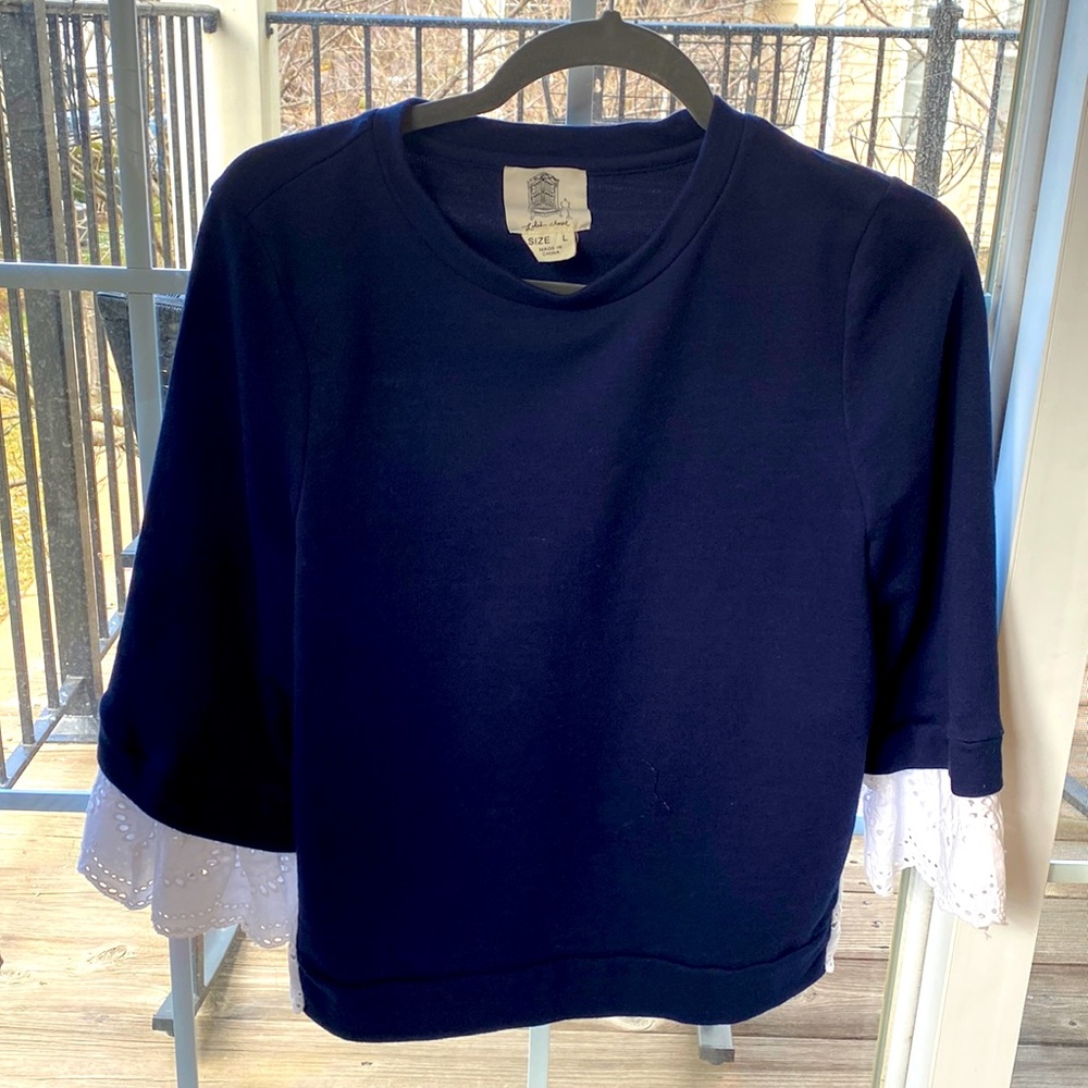 Lili’s navy top one side white lace on back, Size L $12